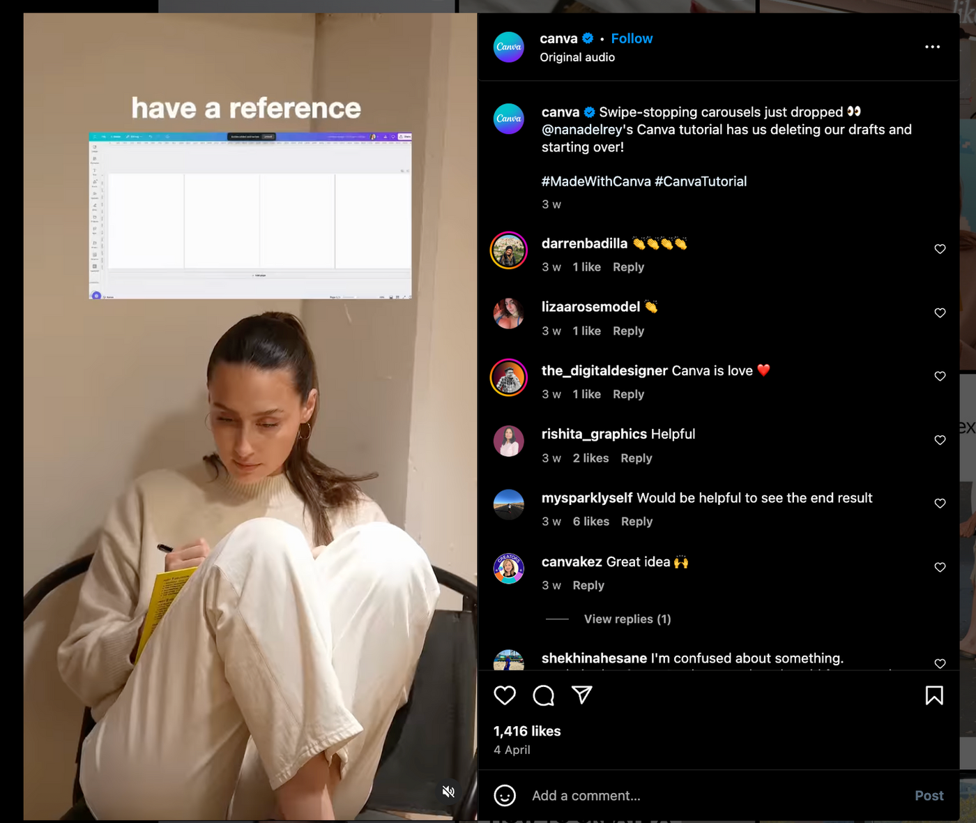 Woman in beige sweater writing in a notebook, legs drawn up. Text above reads "have a reference." Neutral wall background. Instagram interface visible.