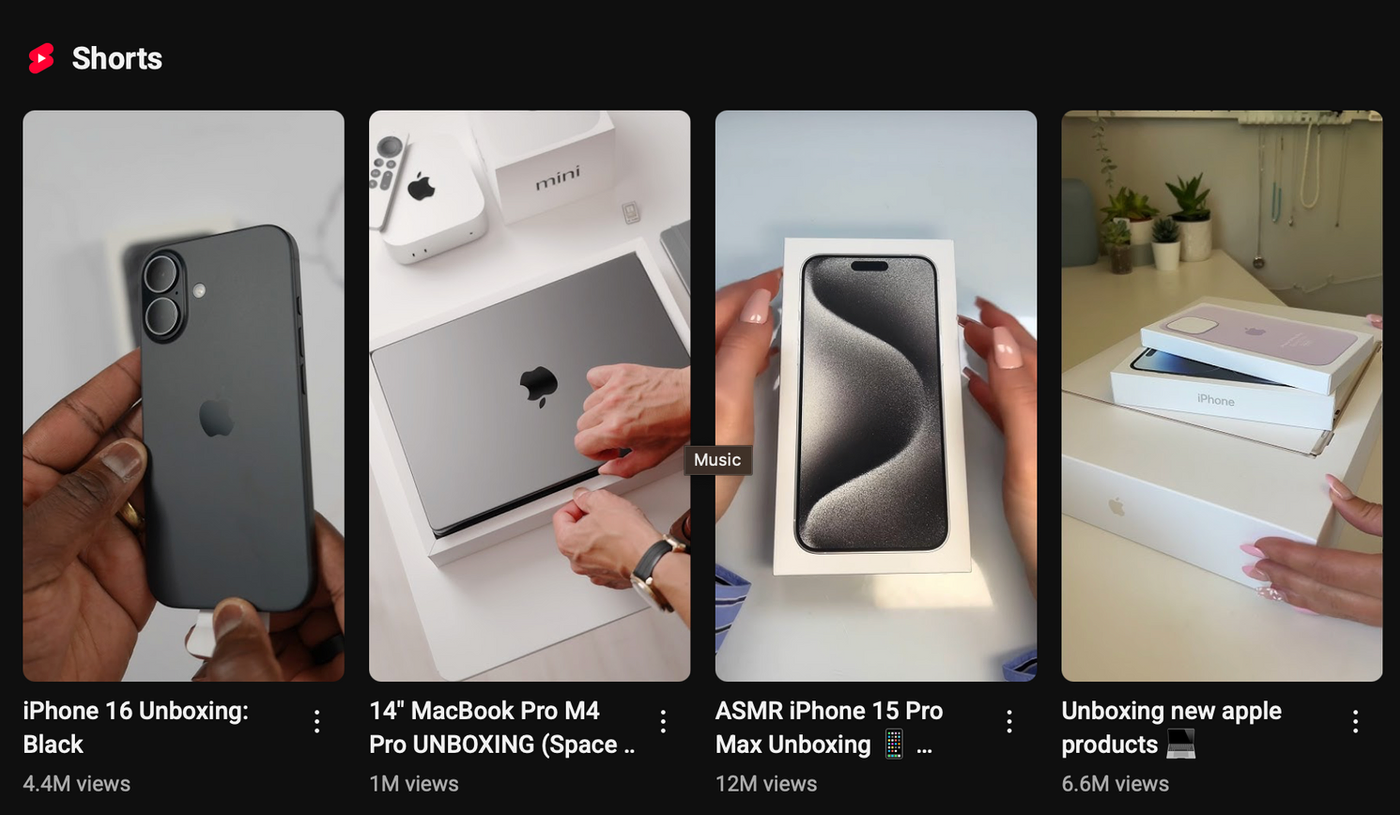 Four separate images show the unboxing of various Apple products, including an iPhone and a MacBook, against neutral backgrounds.
