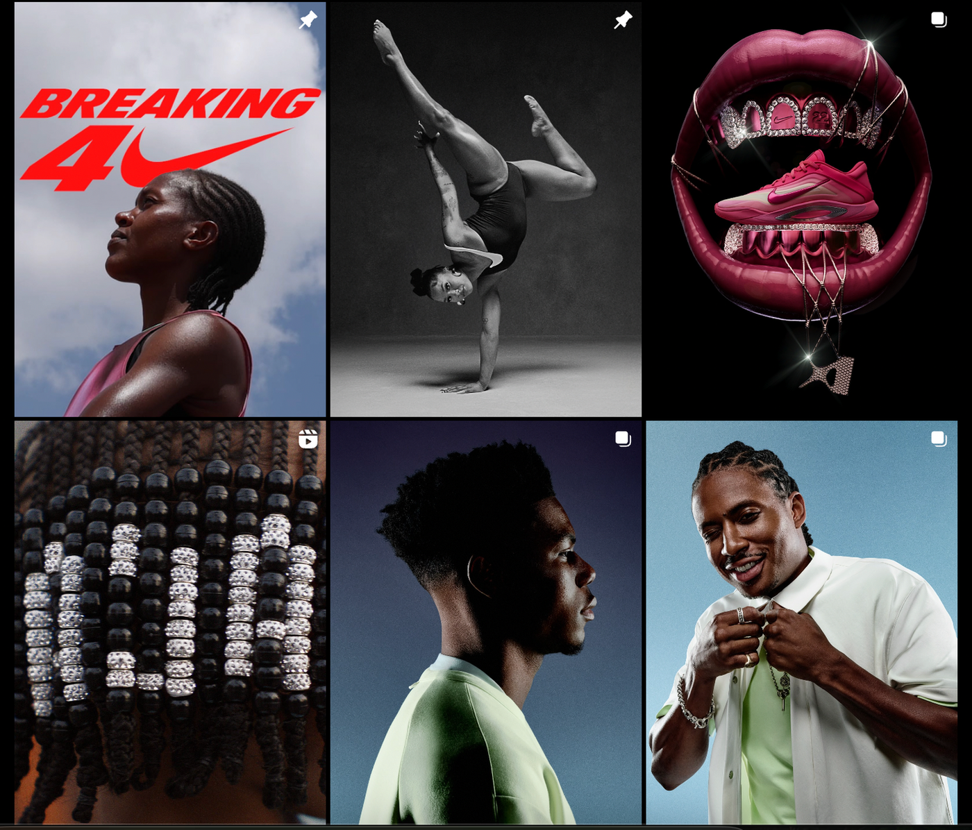 Athlete below "Breaking 4" text; gymnast balances on one hand; pink shoe in mouth; beads on hair; portrait of man in green; man smiling.