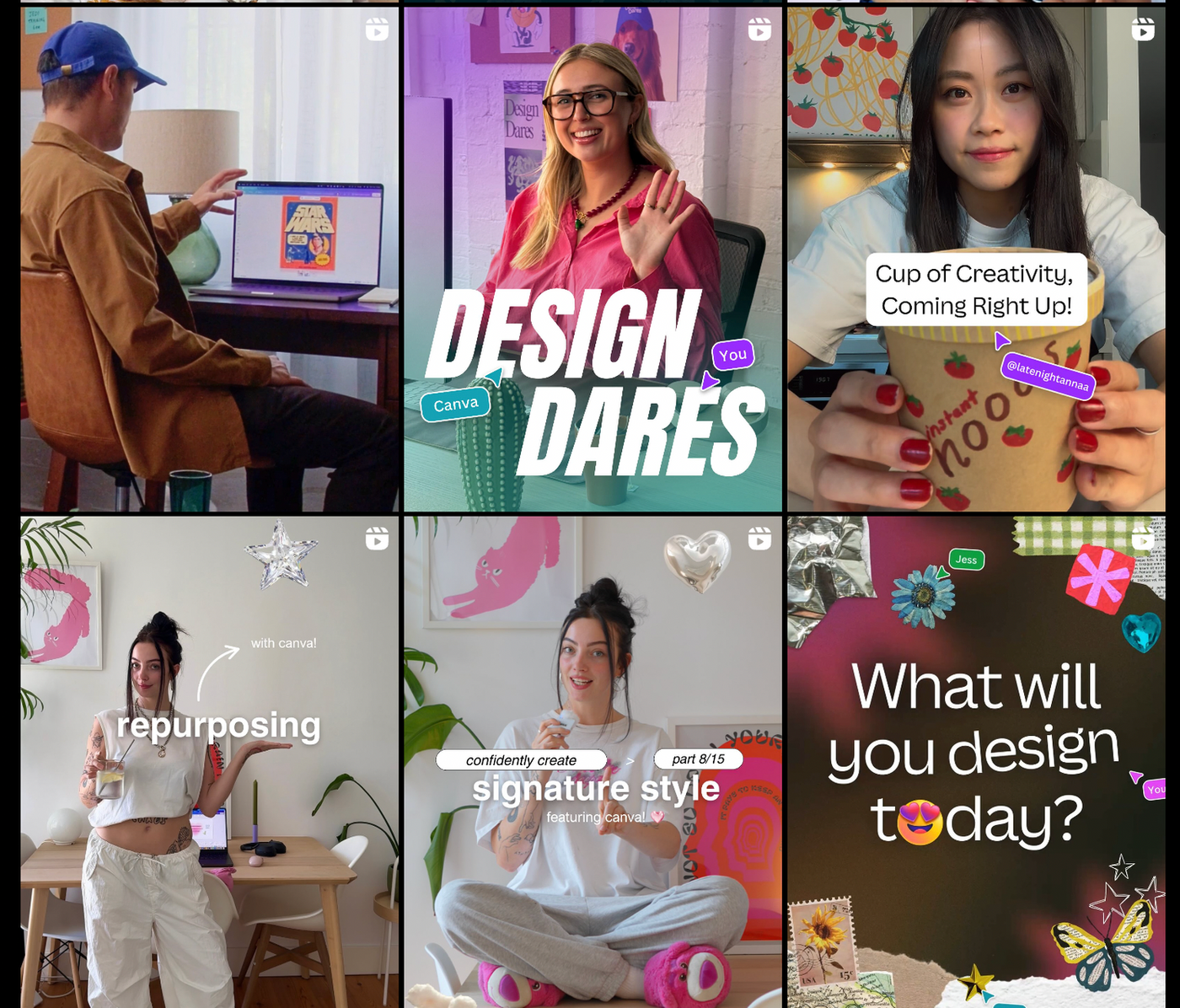 People engaged in creative tasks using Canva. Text: DESIGN DARES and "What will you design today?” Bright and colorful, encouraging creativity.