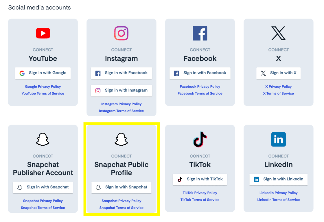Available social media platforms in Measure Studio
