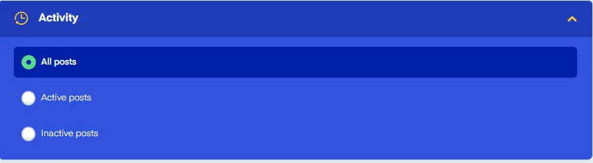 Activity filter reveals which social media posts are Active and which are Inactive in Measure Studio