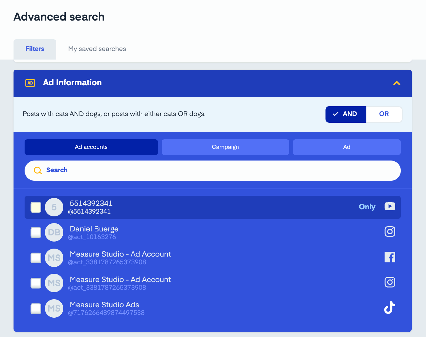 Ad search interface with blue theme. Shows filters, search bar, and ad accounts list. Icons for YouTube, Instagram, Facebook, TikTok.
