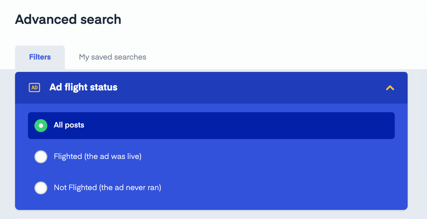 Advanced search by social ad flight status in Measure Studio