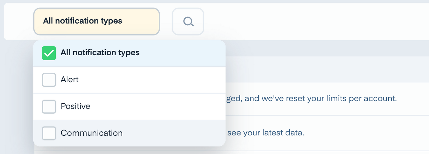 Dropdown menu with "All notification types" checked. Options include Alert, Positive, Communication. Search bar above.