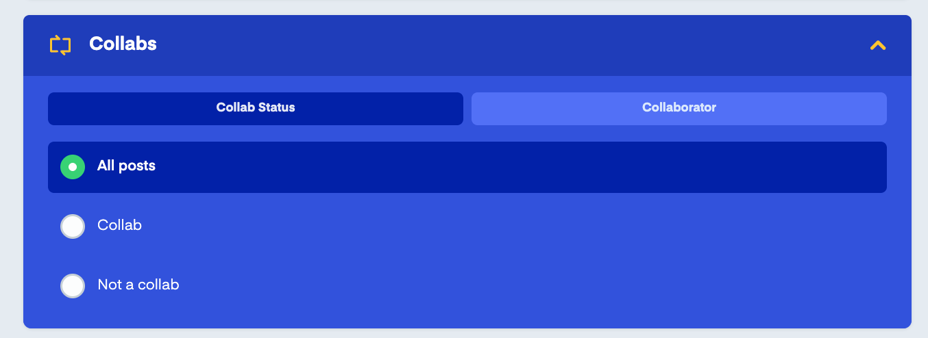 Collabs page with options: "All posts" selected, "Collab," and "Not a collab" unselected. Blue background, dropdown arrow visible.