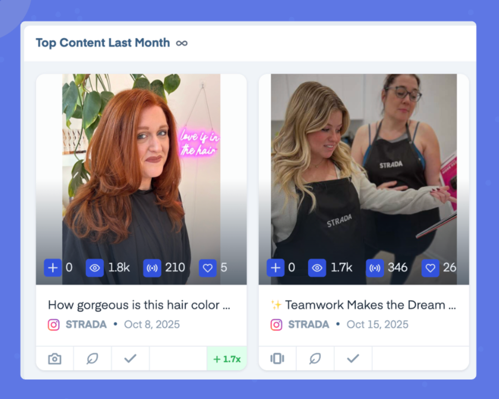 Two images of hair salon content. Left: Woman with red hair, neon sign "love is in the hair". Right: Two women in aprons, reading.