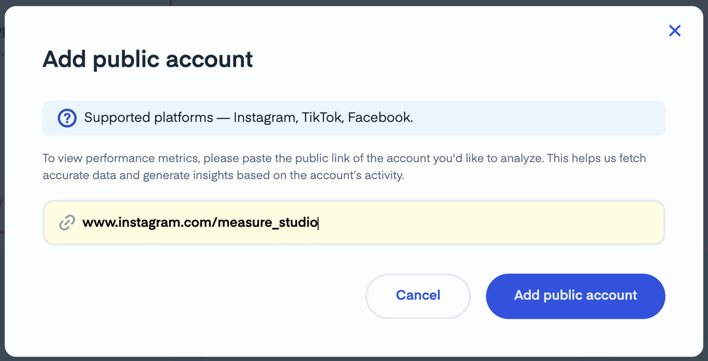 Screenshot from Measure studio for users to add public accounts for social media tracking